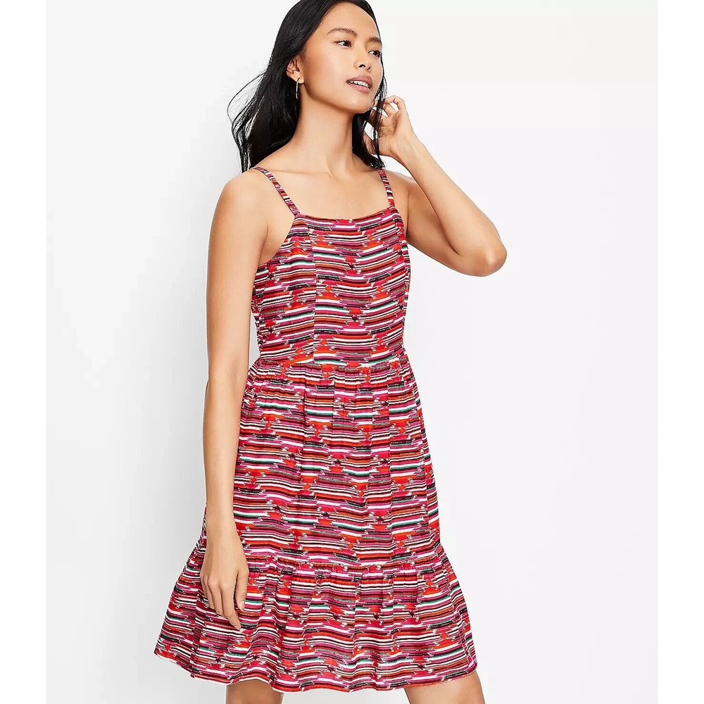 LOFT Ikat Smocked Back Dress Womens Size 4 Multicolor Side Zip Adjustable Straps